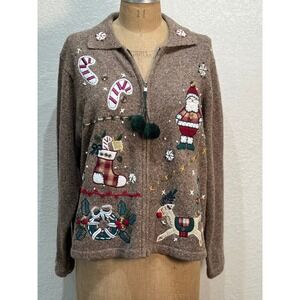 Victoria Jones Petite XL Brown Christmas Zip Up Cardigan Sweater Santa Reindeer